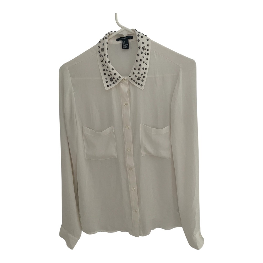 Forever 21 Ivory White Studded Collar Long Sleeve Button Down Blouse Small
